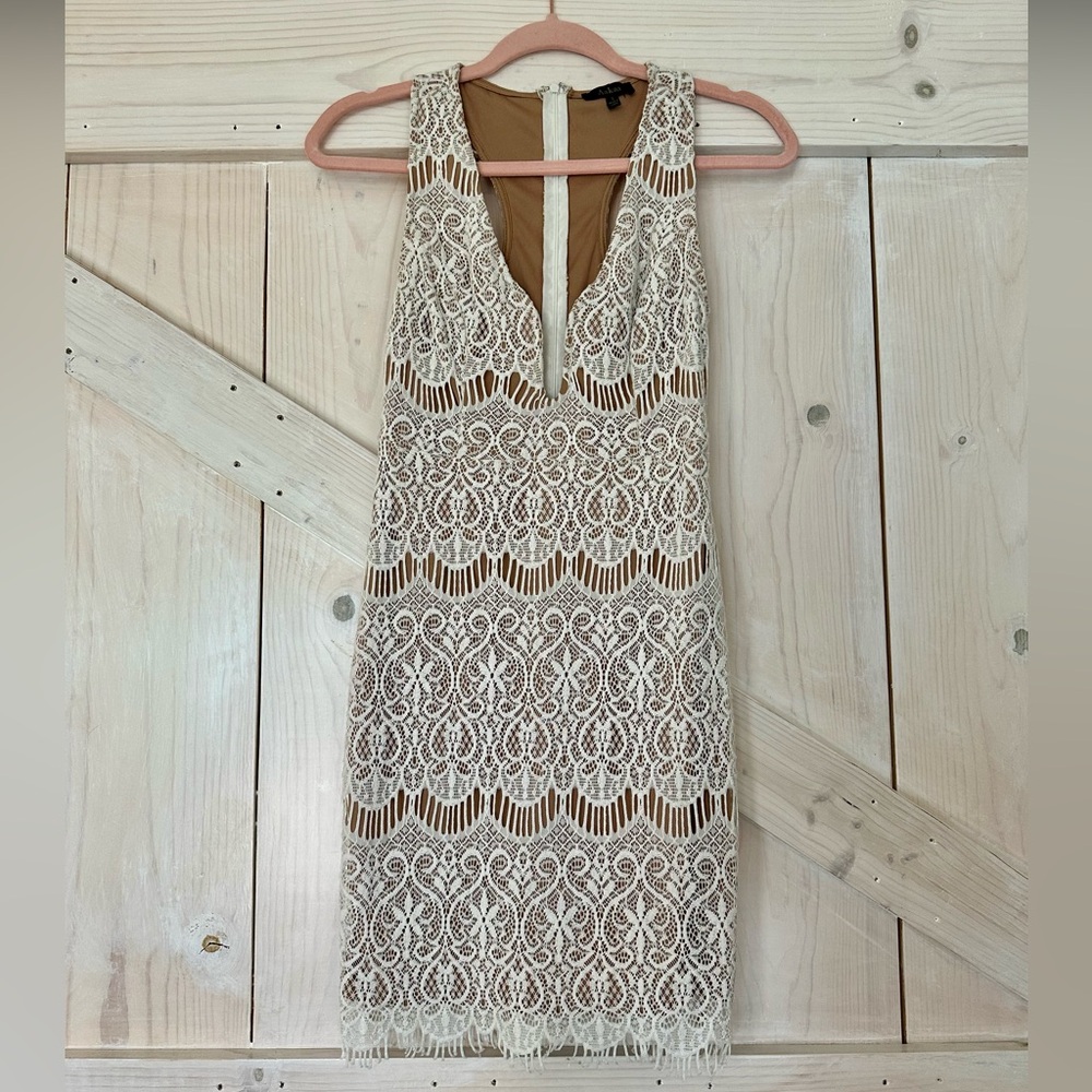 Gorgeous Small White Lace Dress with Tan Lining